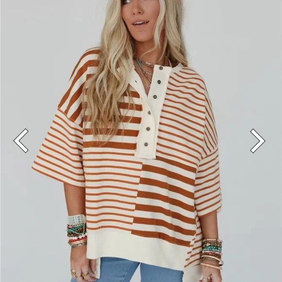 NWT Three Bird Nest Cream and Brown Striped Button-Down Shirt - Picture 1 of 4